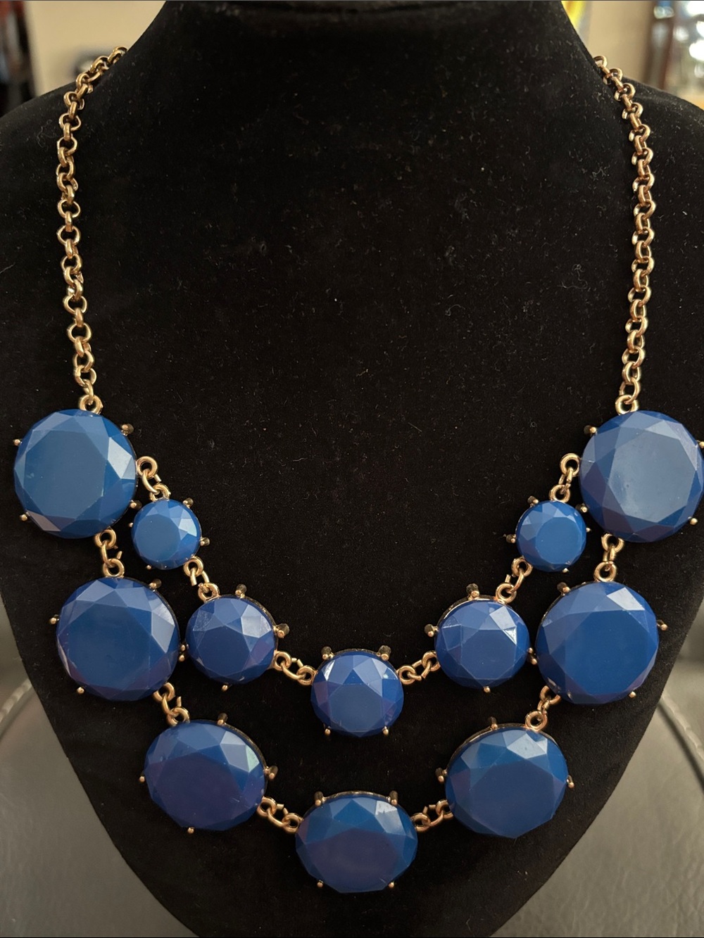 Blue Statement Bib Necklace - Gold Tone Chain